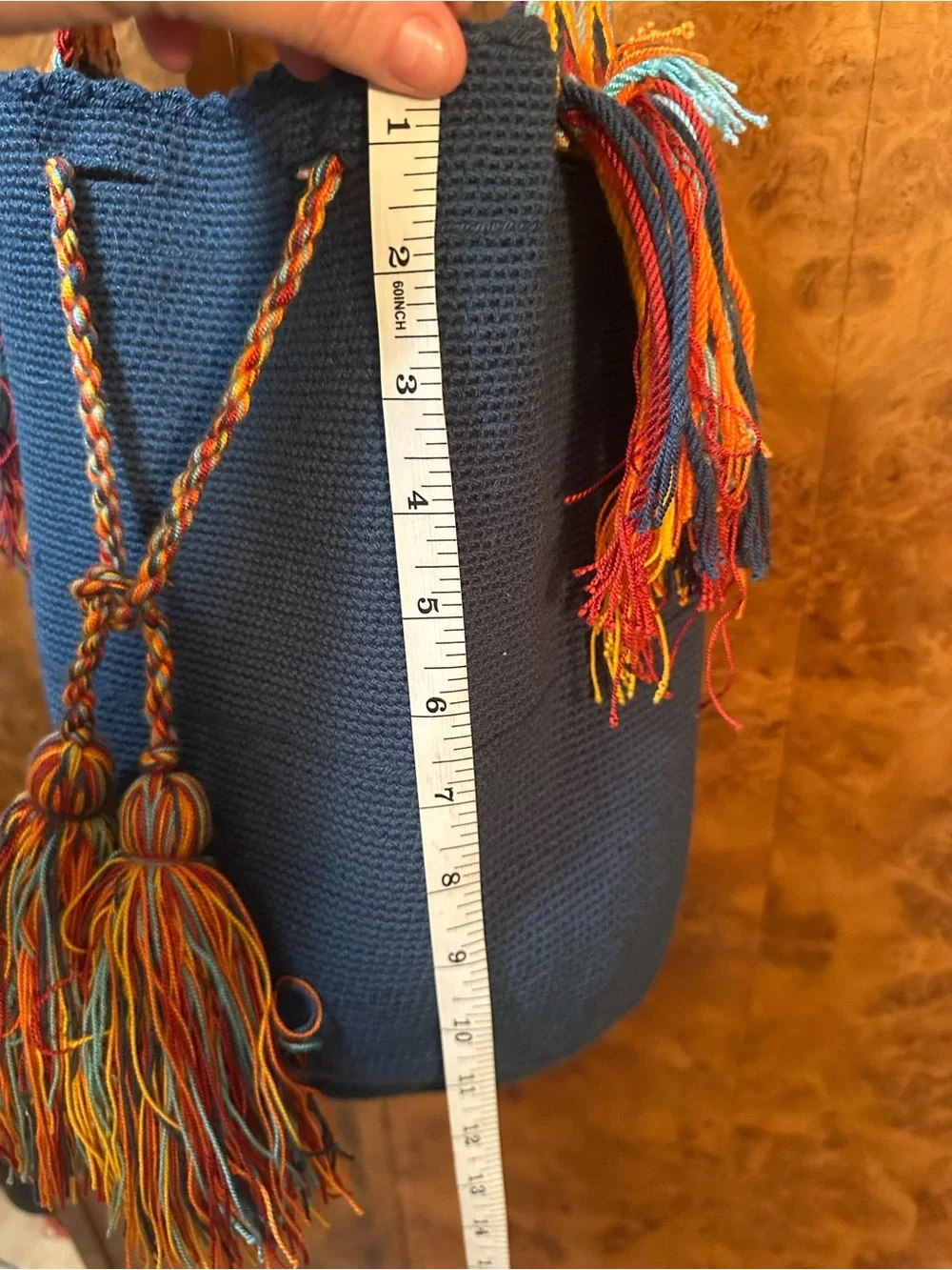 Handwoven Blue Bucket Bag with Multicolor Strap